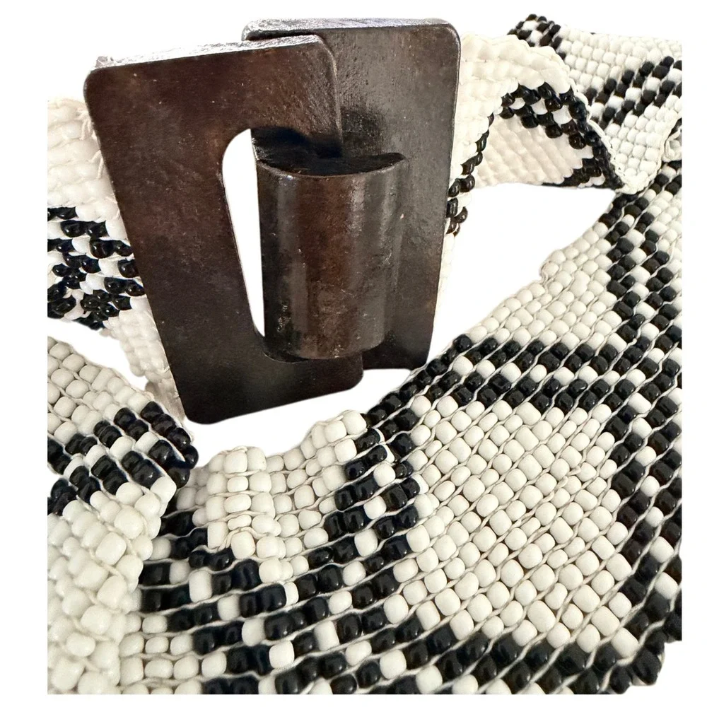 Vintage Beaded Belt Black White Geometric Diamond Seed Bead Wood Buckle 42 in